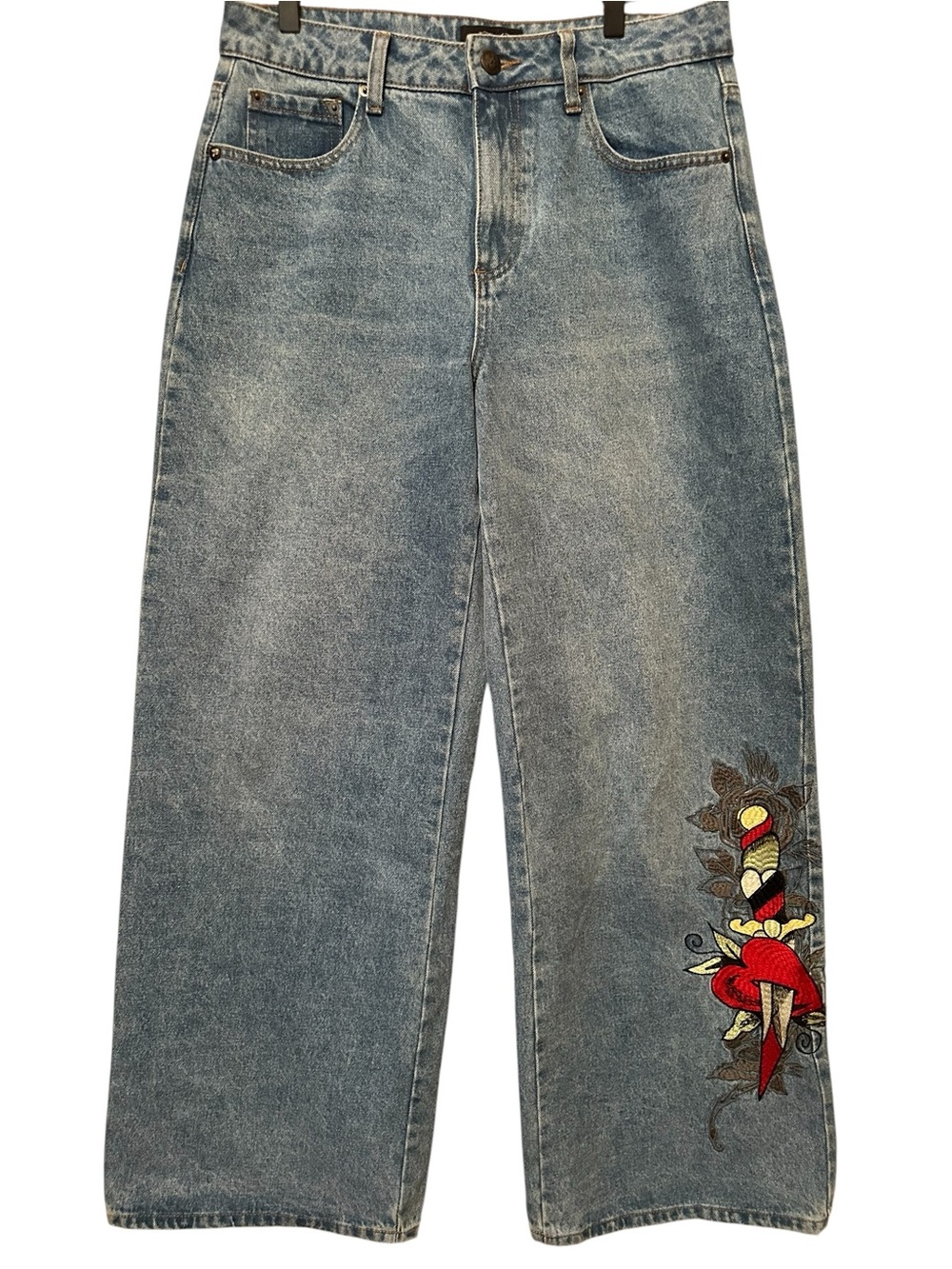 Ed Hardy Love Light Blue Relaxed Wide-Leg Jeans with Red Dagger Embroidery Y2K